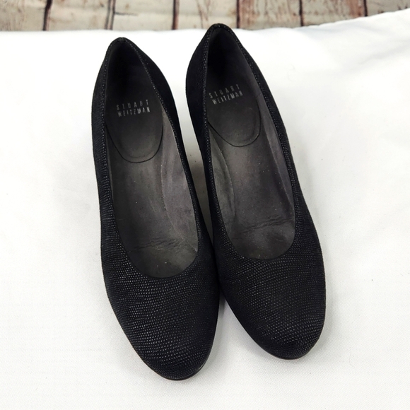 STUART WEITZMAN Black Sojourn Goosebump Low Wedge Pumps - Picture 1 of 8